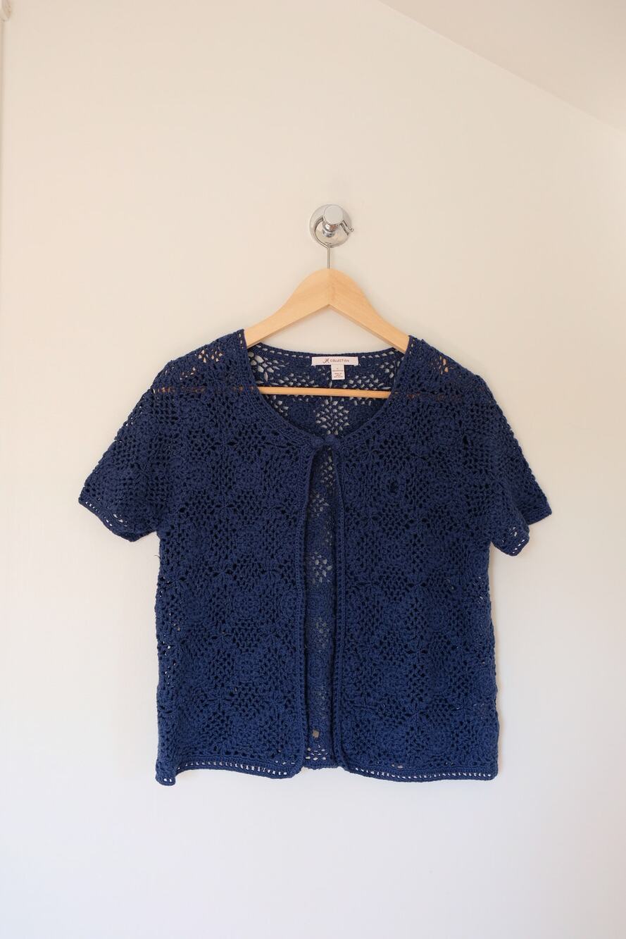 Navy Cotton Crochet Cardigan Top Size L Cotton Boho Cottagecore AS-IS Small Flaw